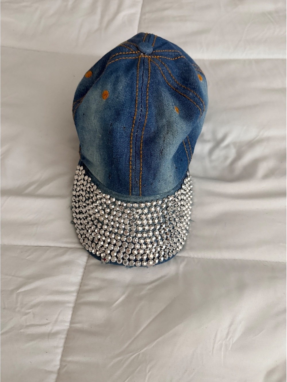 Denim Baseball Cap with Rhinestone Embellished Brim